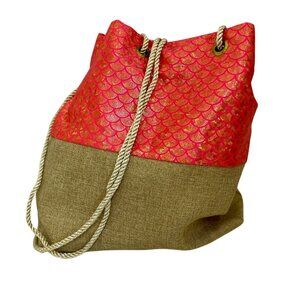 Peach Scale Cinched Drawstring Tote (ONE-OF-A-KIND Linen/Boho/Hobo/Shoulder Bag)